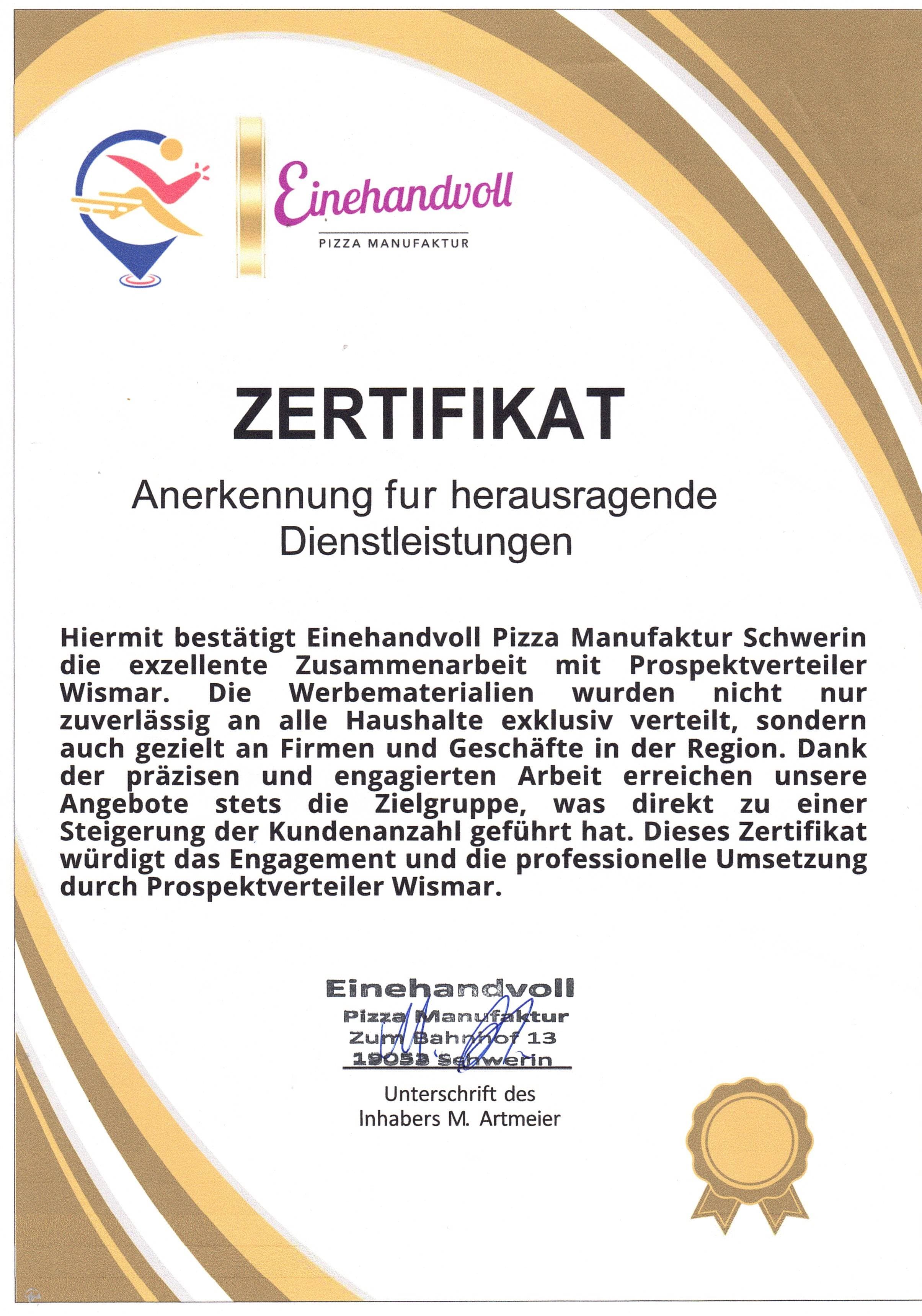 Auszeichnung Einehandvoll Pizza Manufaktur Schwerin